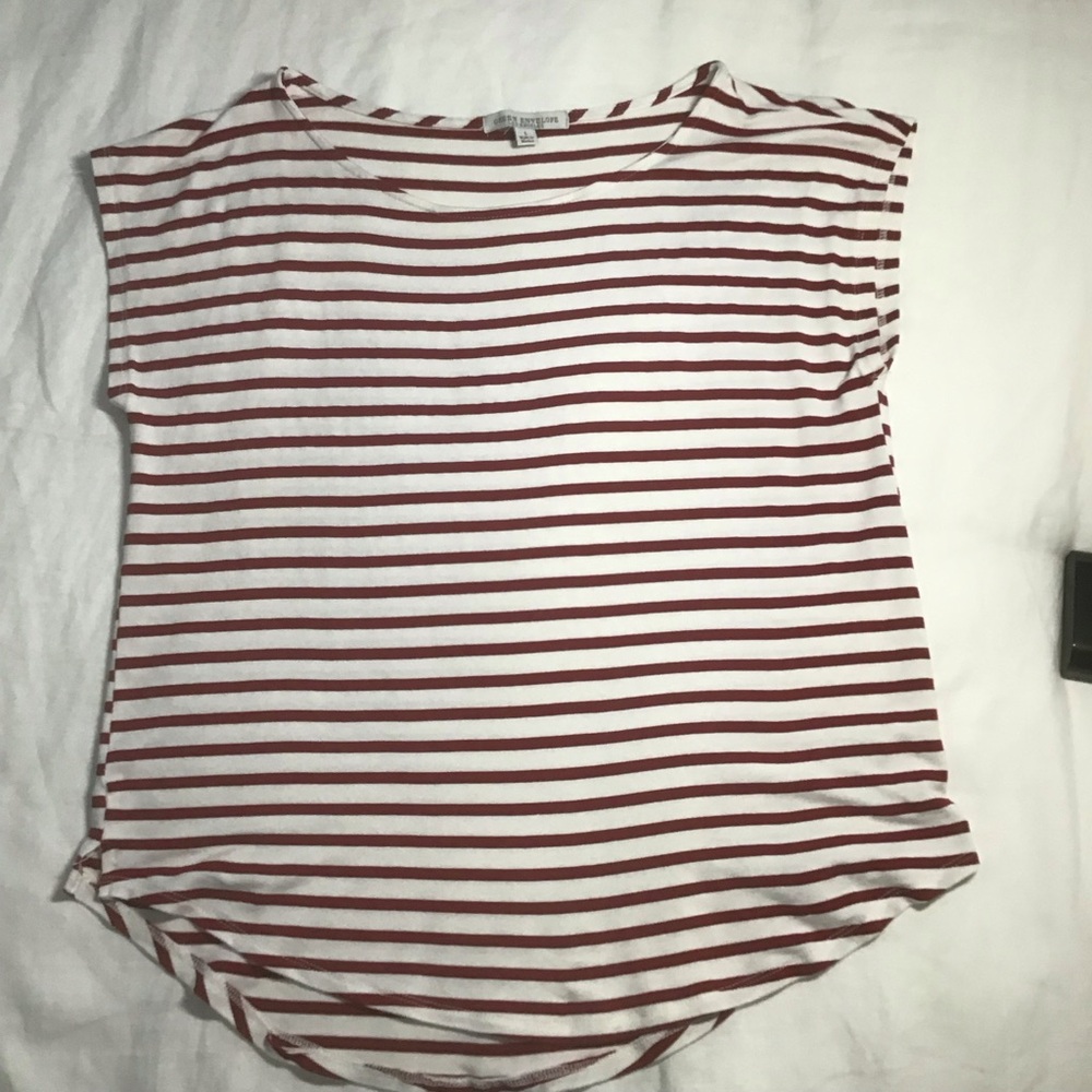 Green Envelope Los Angeles Red & White Striped Curved Hem Tee Shirt, Size L